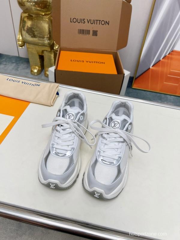 2025 Women Louis Vuitton White Grey Mesh Leather Sneakers LY00340