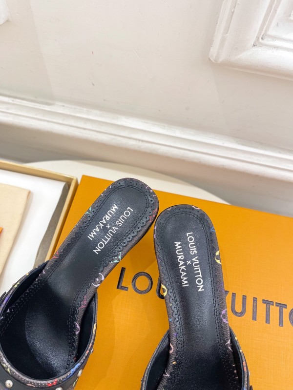 2025 Women Louis Vuitton Black Rainbow Leather Slippers KFY00290