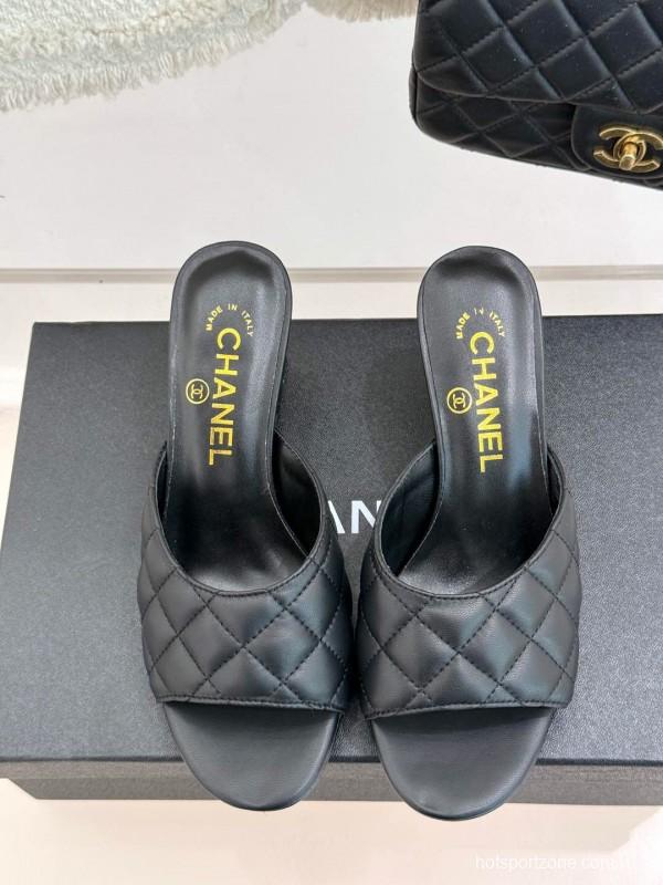 2025 Women Chanel Black Sheepskin Quilted High Heel Sandals