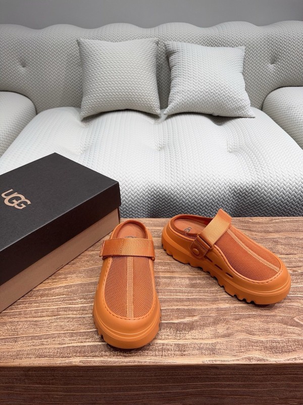 2025 UGG Brown Leather Mesh Slippers KFY00220
