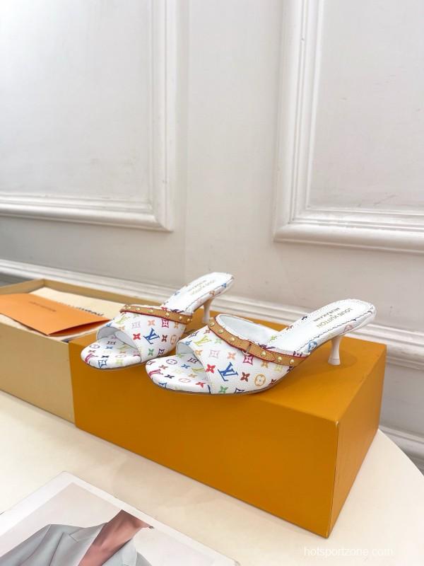 2025 Women Louis Vuitton White Rainbow Leather Slippers MJ00290
