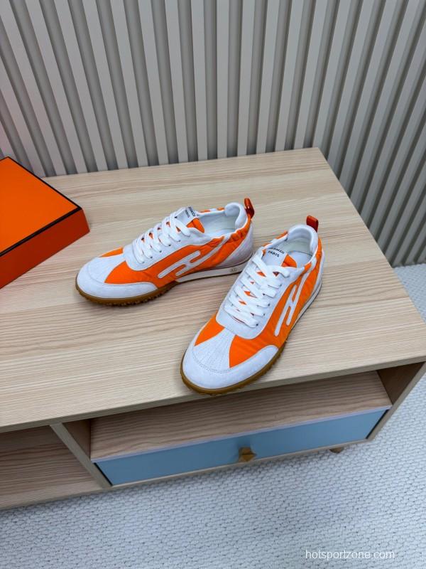 2025 Unisex Hermès White Orange Suede Mesh Sneakers KFY00300