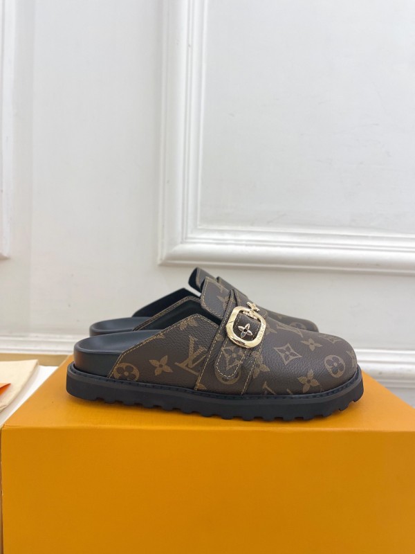 2025 Women Louis Vuitton Brown Leather Slippers Monogram KFY00300