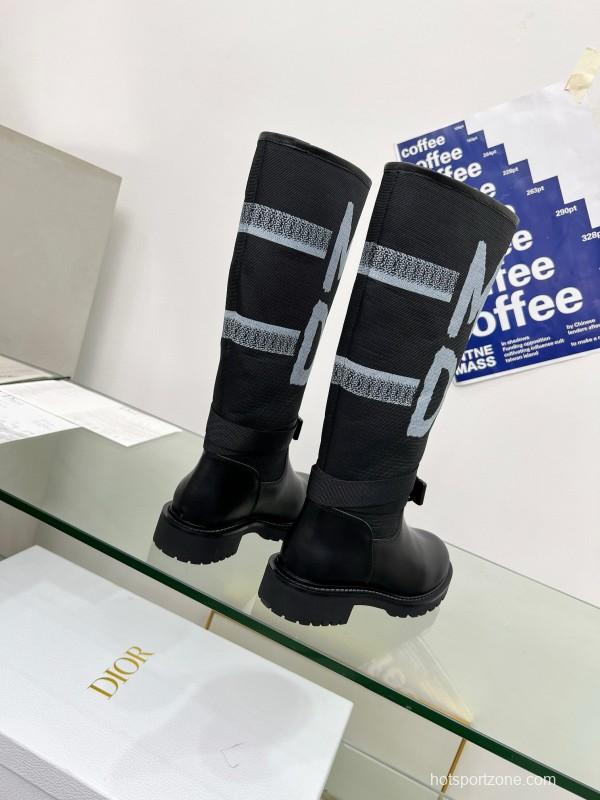 2024 Women Dior black leather knit fabric boots MJ00350