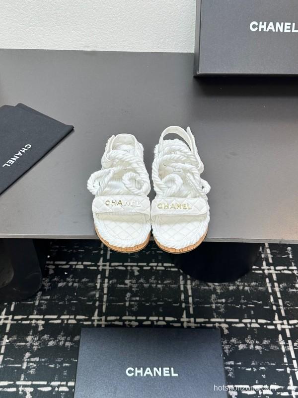 2025 Women Chanel White Leather Roped Espadrille Sandals LY00260
