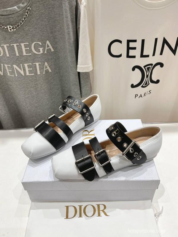 2025 Women Dior White Black Leather Mary Jane Buckle KFY00300