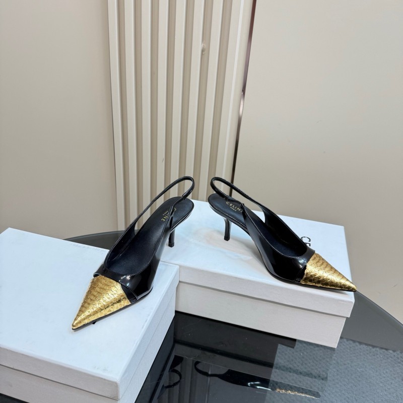 2025 Women CELINE Black Gold Leather Slingback Heels