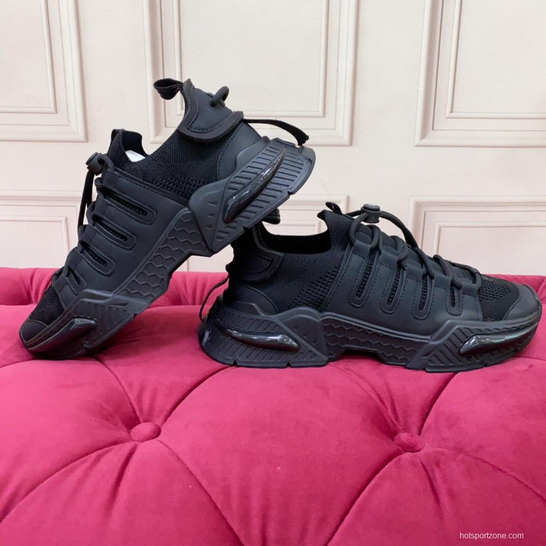 2025 Unisex Dolce & Gabbana Black Leather Knit Sneakers LY00340