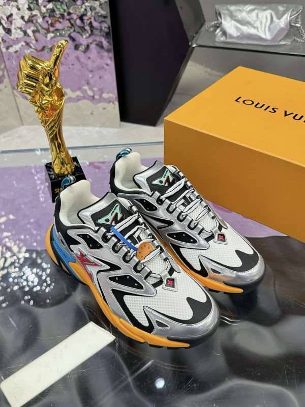 2025 Men Louis Vuitton White Black Blue Leather Mesh Sneakers MJ00420