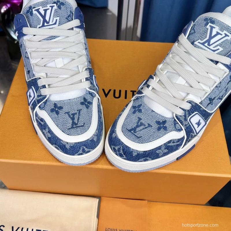 2025 Men Louis Vuitton Blue White Denim Leather LV Trainer