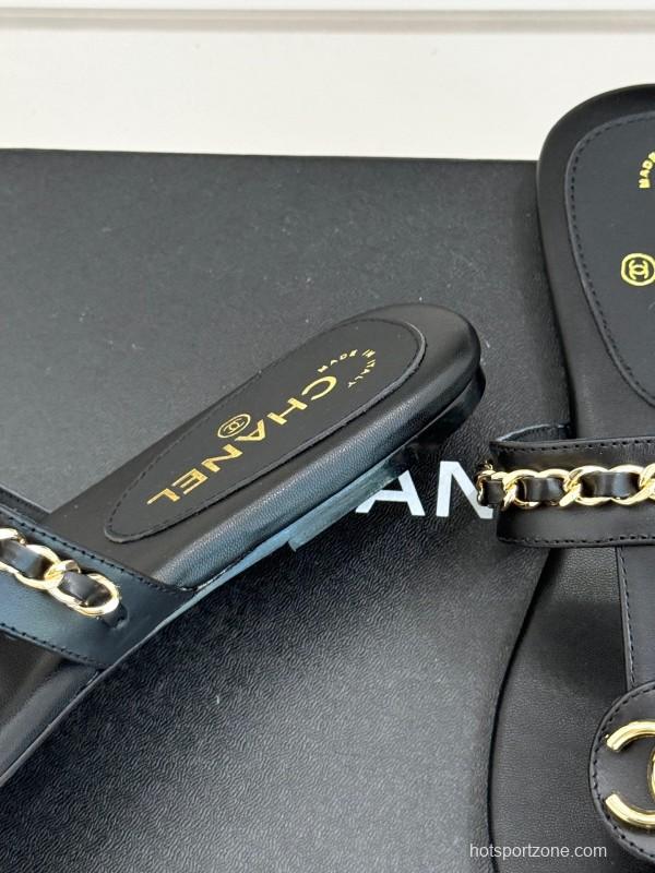 2025 Women Chanel Black Leather Slippers Chain KFY00250