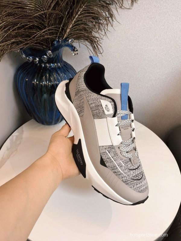 2024 Unisex Valentino White Grey Blue Fabric Leather Sneakers MJ00340