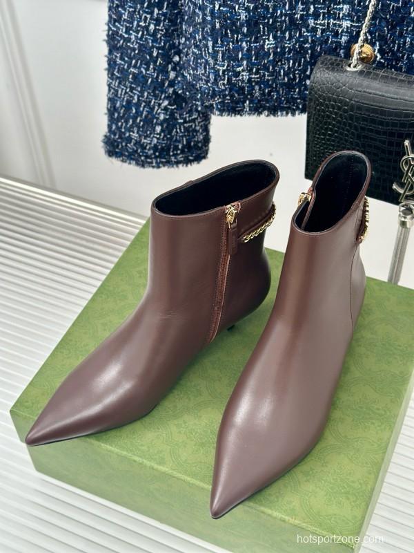 2024 Women Gucci Brown Calfskin Ankle Boots Chain Detail MJ00410