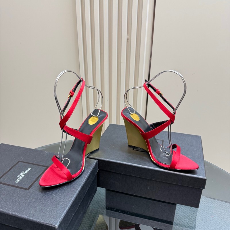 2025 Women Yves Saint Laurent Red Silk Wedge Sandals Elegant Craftsmanship LY00360(F)