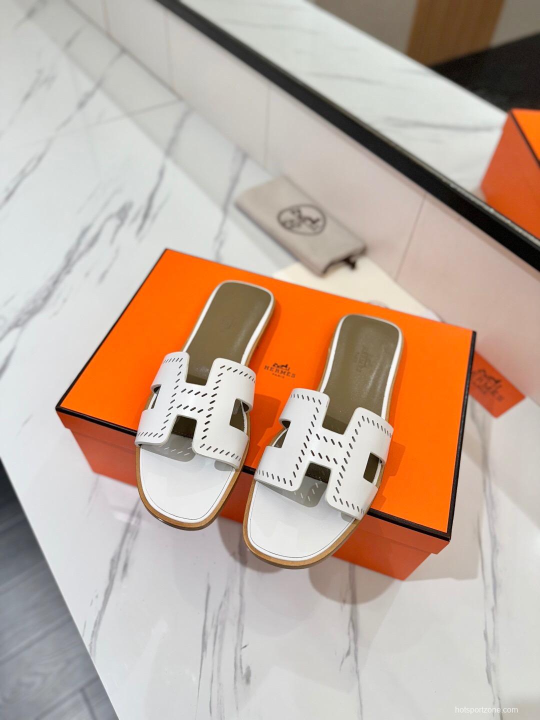 2025 Women Hermès White Leather Slippers