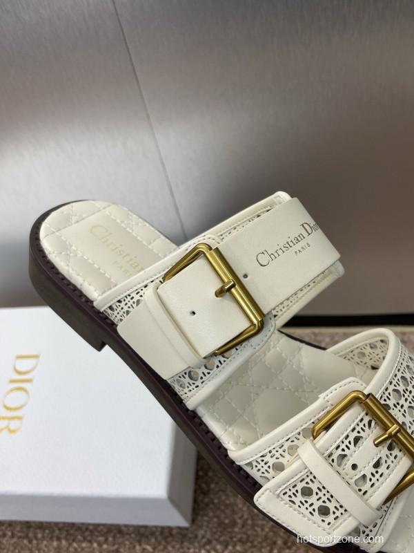 2025 Women Dior White Calfskin Leather Slippers CD Logo Buckle KFY00300