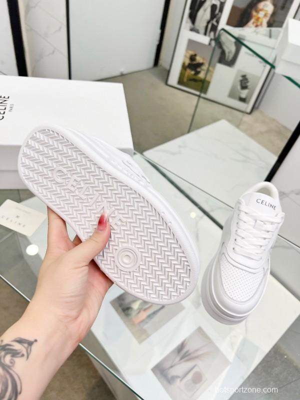 2025 Women Celine White Leather Platform Sneakers Embossed KFY00270