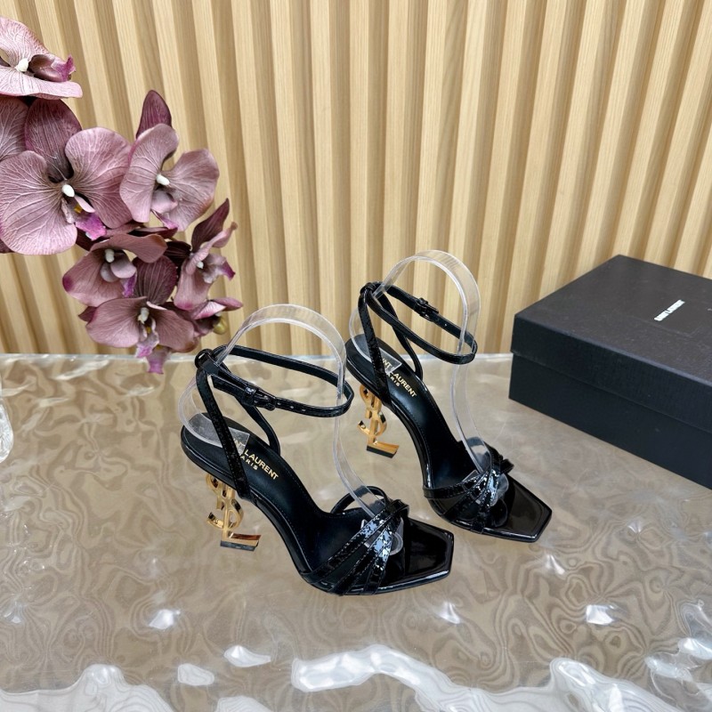 2025 Women Yves Saint Laurent Black Patent Leather High Heel Sandals Metal Logo MJ00310