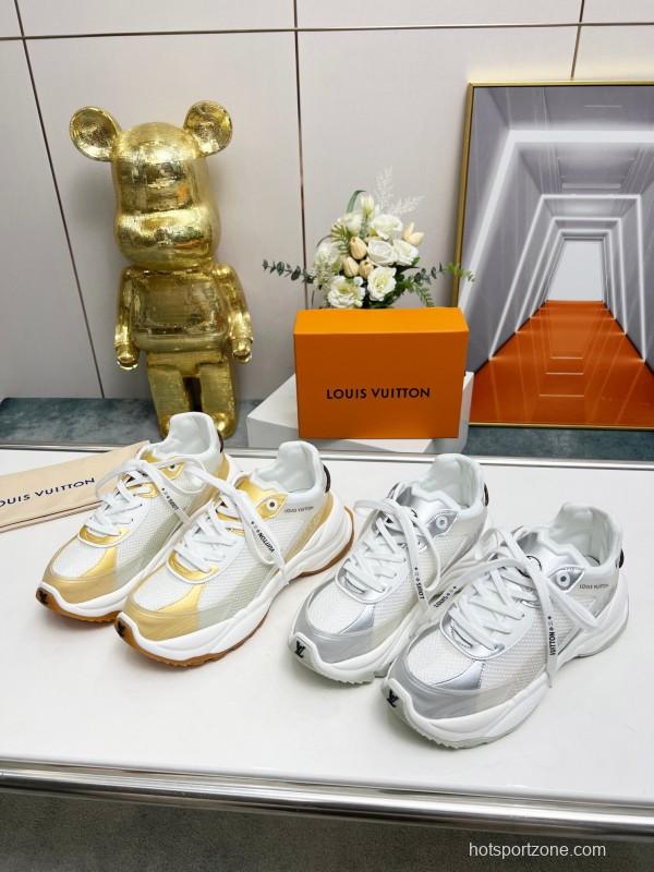 2025 Women Louis Vuitton White Gold Mesh Leather Sneakers LY00340