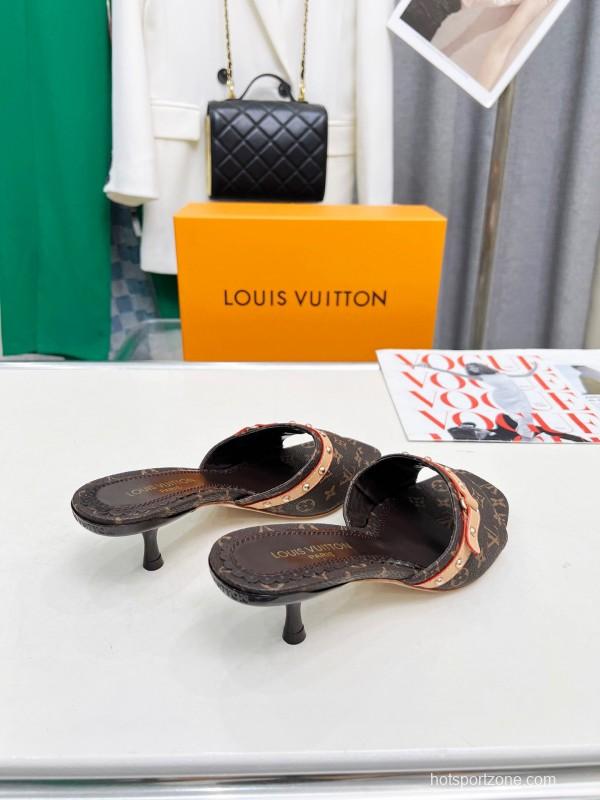 2025 Women Louis Vuitton Brown Leather Kitten Heel Mules LY00260
