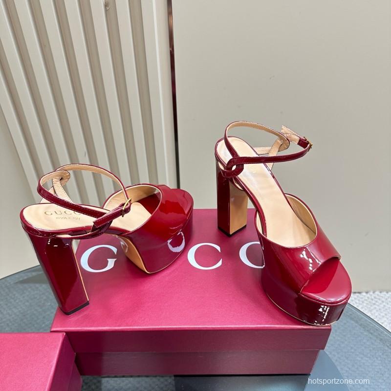 2025 Women Gucci Red Patent Leather Platform Sandals