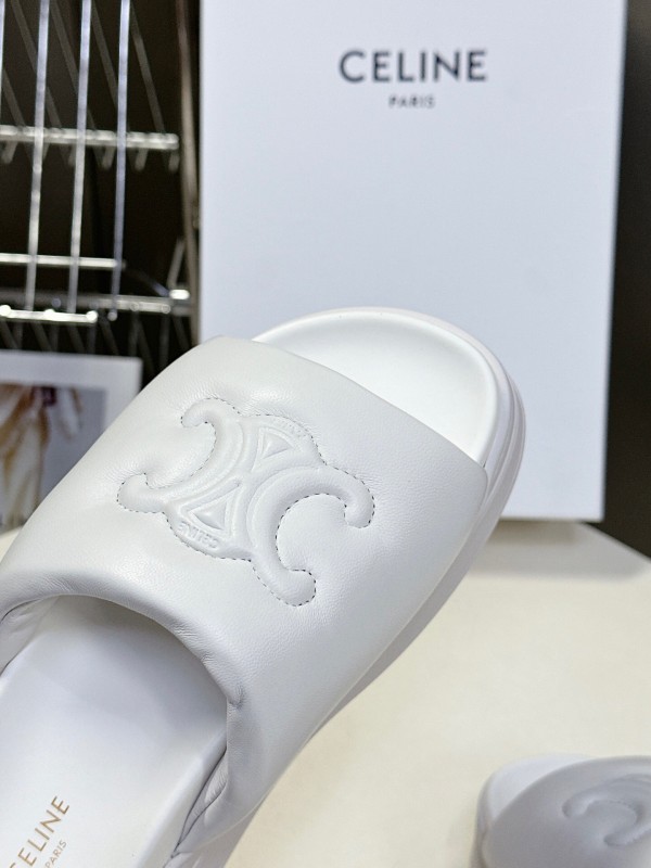 2025 Women Celine White Leather Slippers LY00240