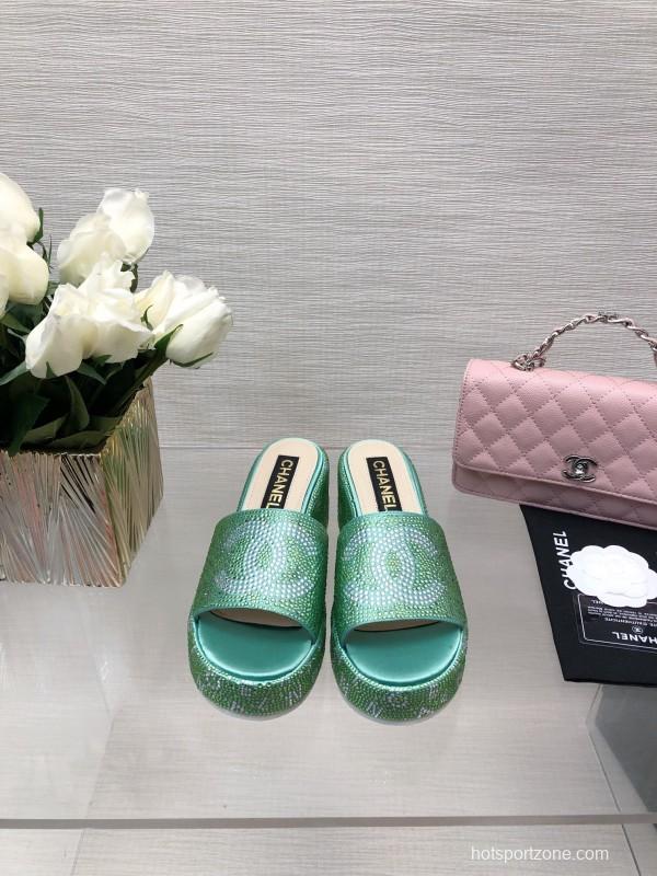 2025 Women Chanel Green Leather Slippers