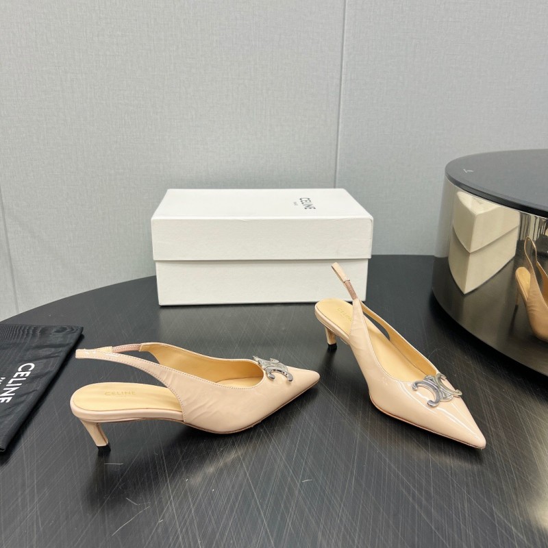 2025 Women Celine Beige Leather Slingback Shoes Metal Buckle