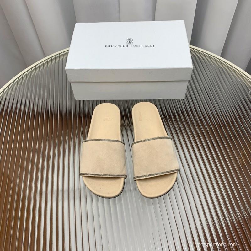 2025 Women Brunello Cucinelli Beige Suede Flat Slide Sandals Handmade Detailing KFY00240 (F)