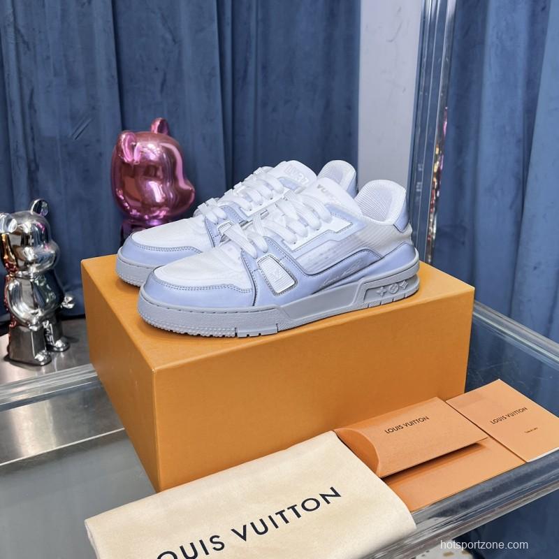 2025 Unisex Louis Vuitton White Light Grey Mesh Leather Trainer