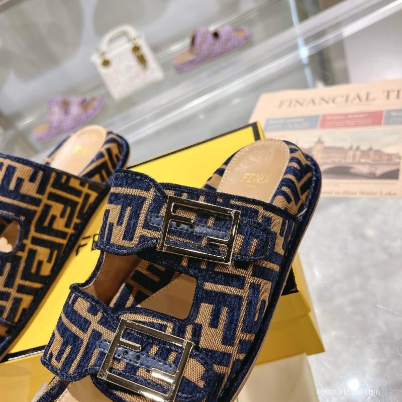 2025 Slippers Fendi Blue Brown Jacquard Buckle KFY00250