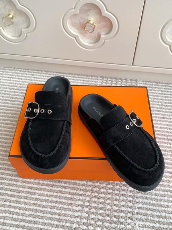 2025 Women Hermès Black Suede Mule Shoes Buckle KFY00290