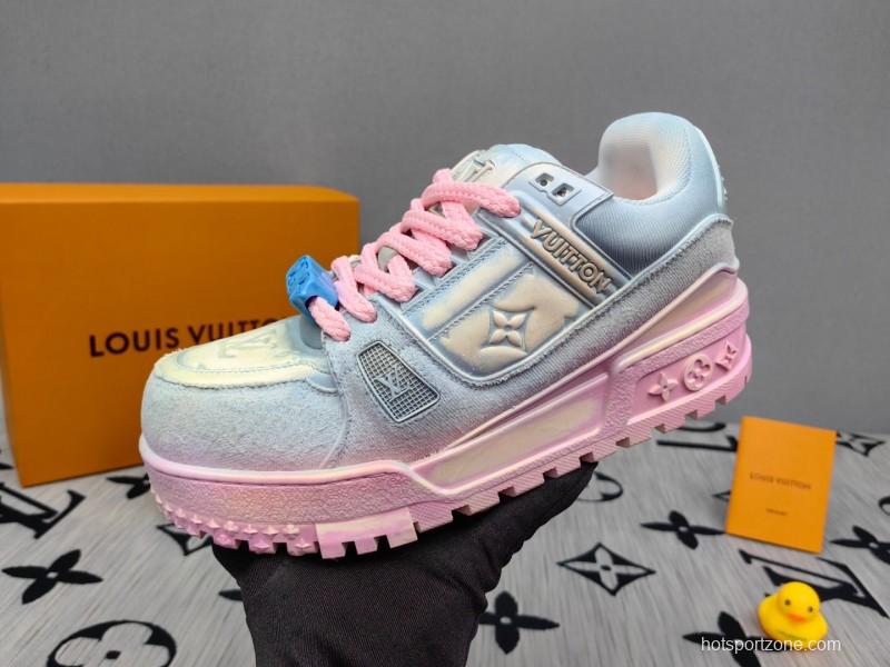 2025 Unisex Louis Vuitton Pink Grey Denim Sneakers KFY00510