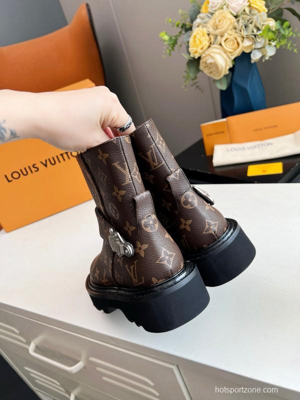 2024 Women Louis Vuitton Brown Monogram Leather Ankle Boots MJ00310