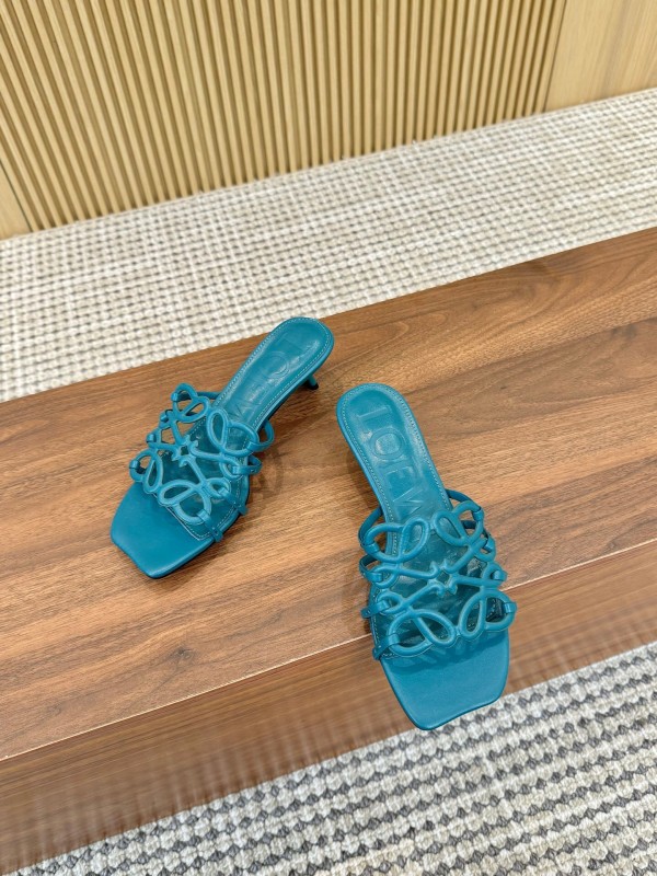 2025 Women Loewe Turquoise Leather Heeled Sandals LY00250