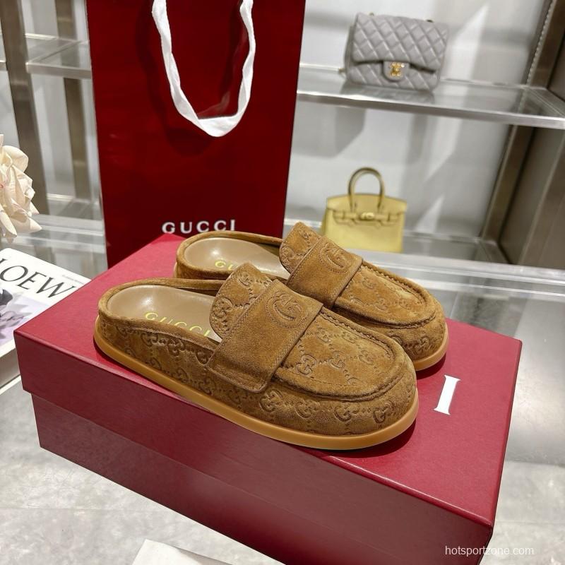 2025 Women Gucci Dark Brown Suede Loafers Embossed GG LY00270