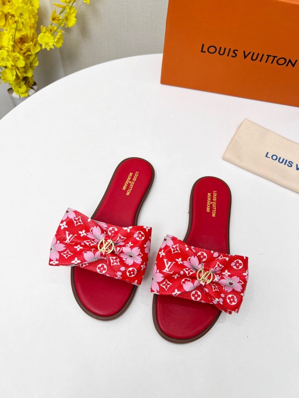2025 Women Louis Vuitton Red White Canvas Slippers LY00190