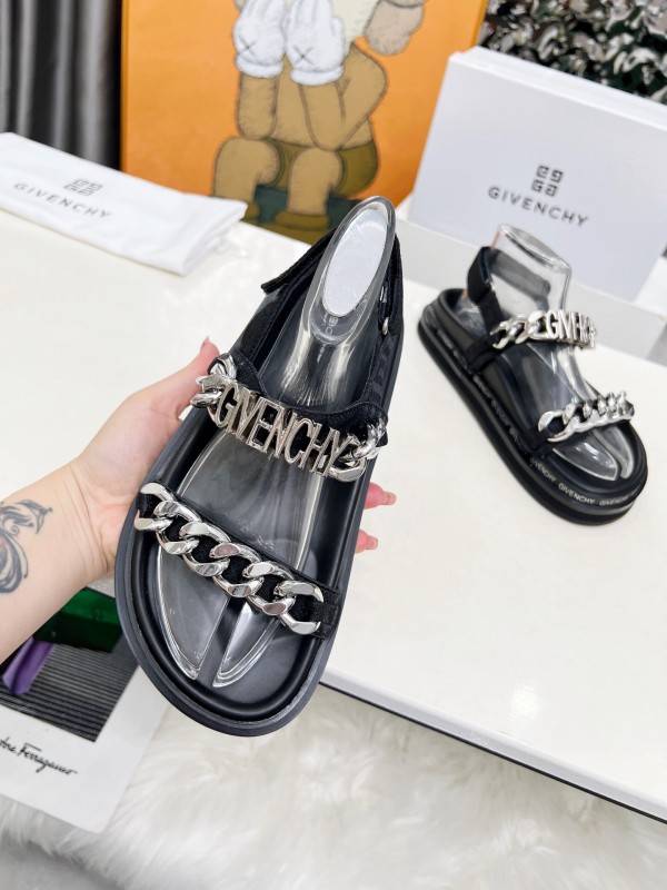 2025 Women Givenchy Black Leather Sandals Chain LY00260