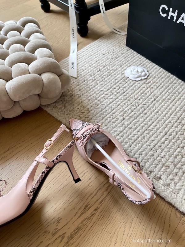 2025 Women Chanel Pink Python Leather Bow High Heels KFY00320