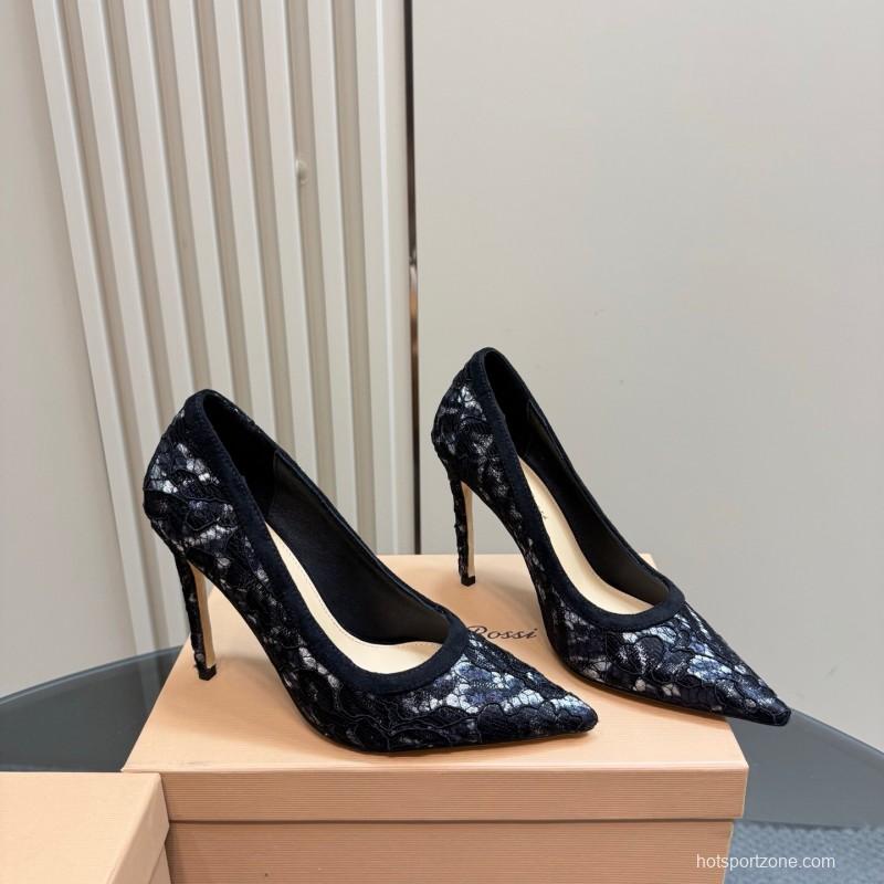 2025 Women Gianvito Rossi Black Lace Leather High Heel KFY00280