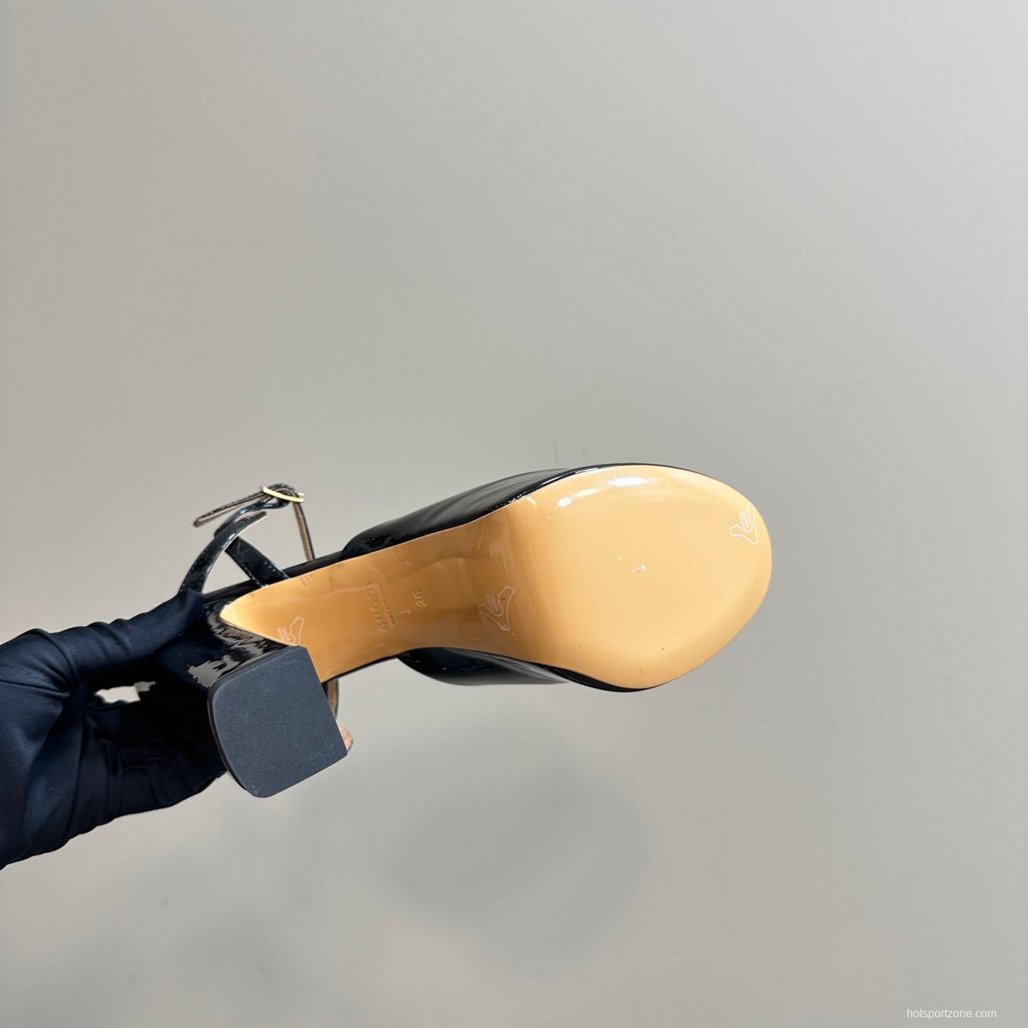 2025 Women Gucci Black Patent Leather Platform Sandals