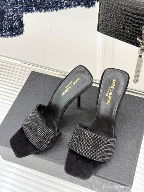 2025 Women Yves Saint Laurent Black Rhinestone Leather High Heel Slippers LY00300