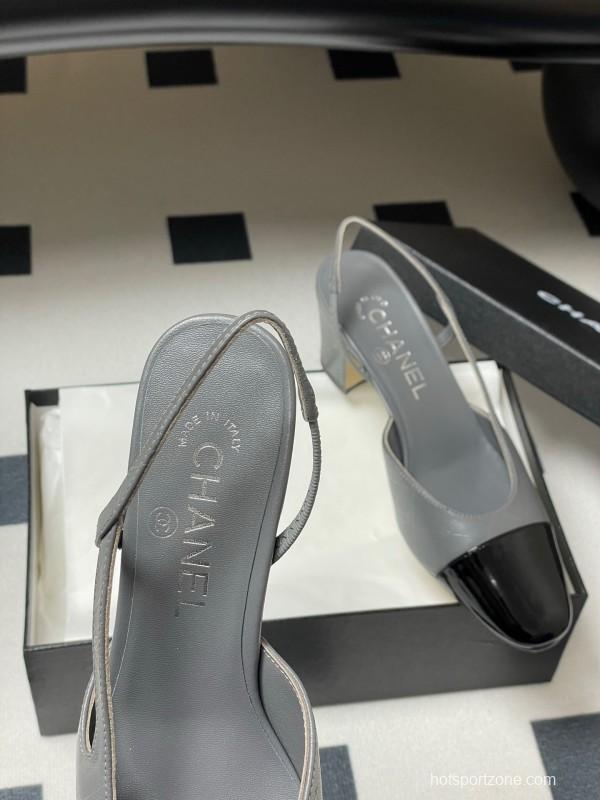 2025 Women Chanel Grey Black Leather Sling-back Heel