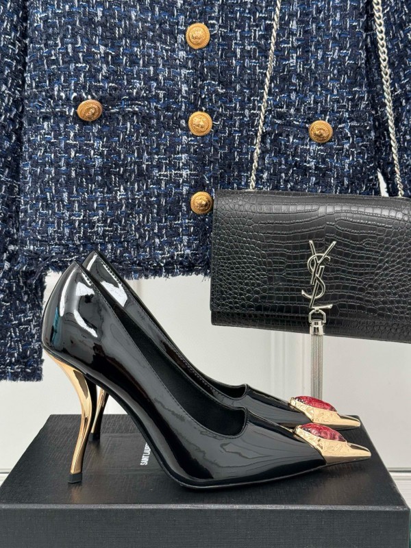 2024 Women Yves Saint Laurent Black Patent Leather High Heel Gemstone MJ00330