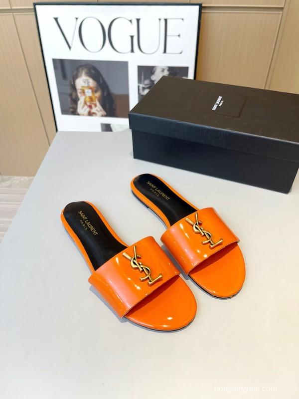 2025 Women Yves Saint Laurent Orange Patent Leather Slippers LY00180