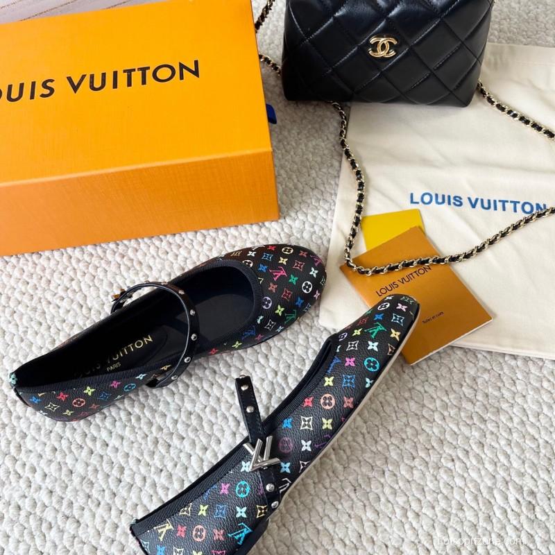 2025 Women Louis Vuitton Black Multicolor Leather Ballet Flats KFY00300