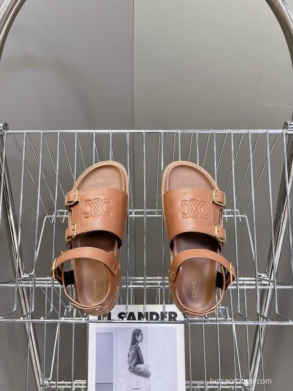 2025 Women Celine Light Brown Leather Sandals KFY00280