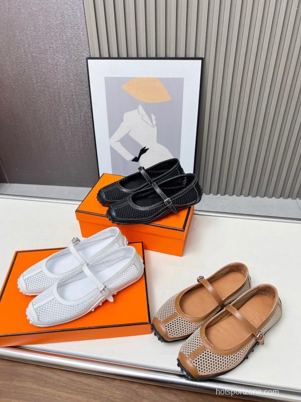 2025 Women Hermès White Leather Mesh Mary Jane LY00230