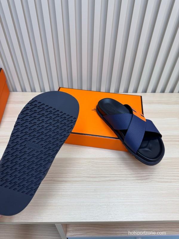 2025 Slippers Hermès Navy Orange Leather Cross Strap