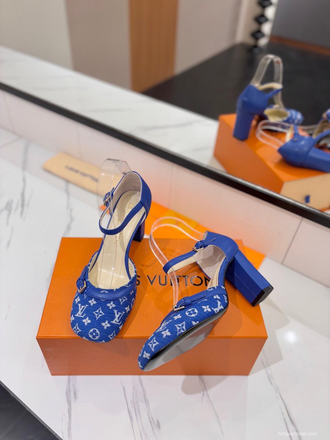 2025 Women Louis Vuitton Blue Denim Leather Heels KFY00310